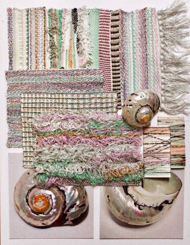 Woven textile samples emulating an iridescent shell.