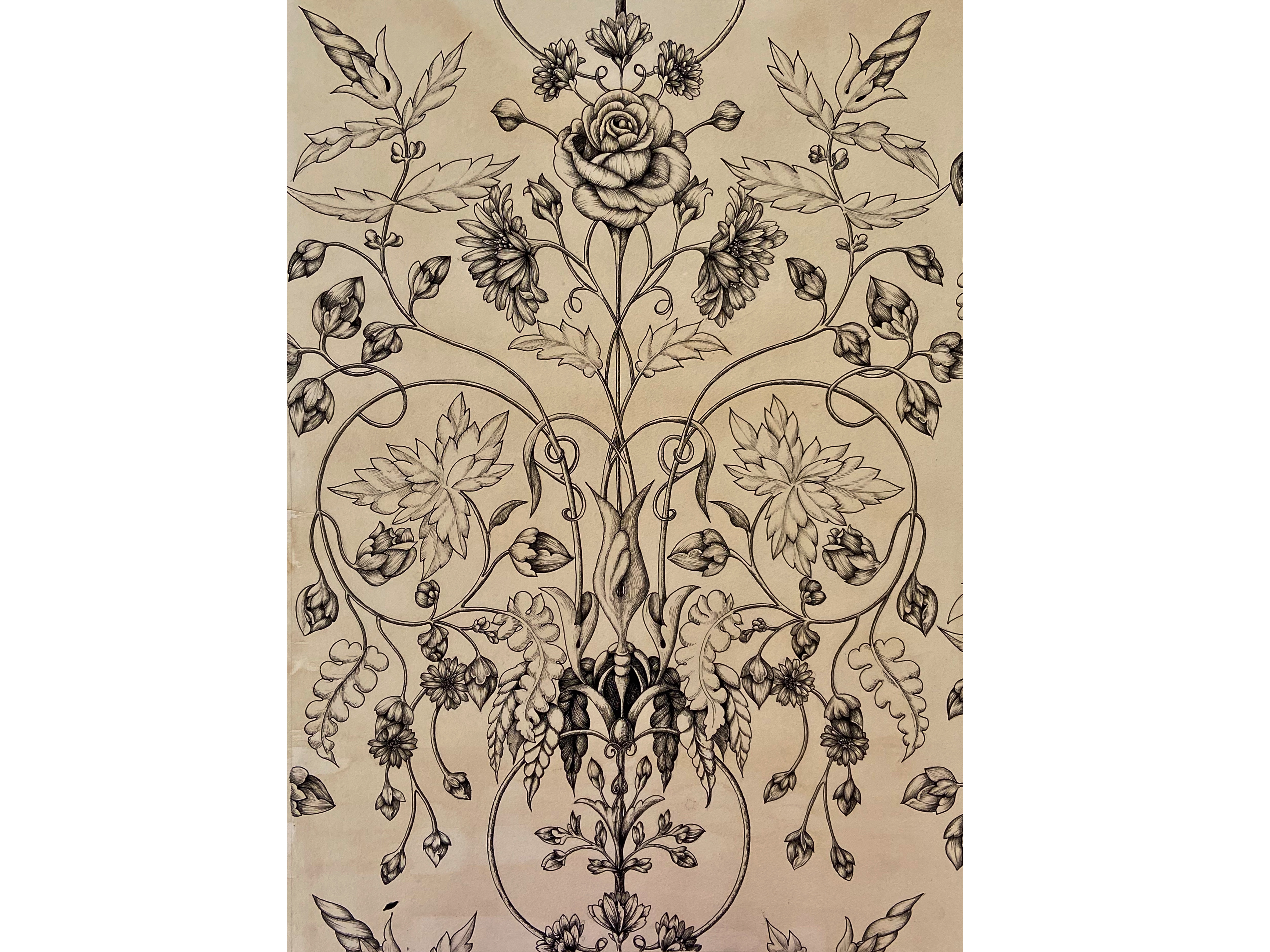 Ornamental victorian wallpaper design hand-drawn in ink.