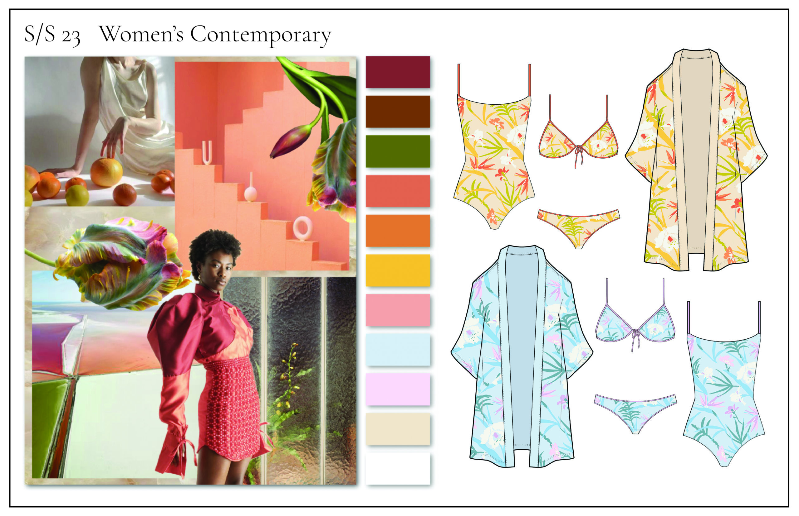 Contemporary color and concept for womens swim set including one-piece, bikini, and cover-up with tropical floral print.